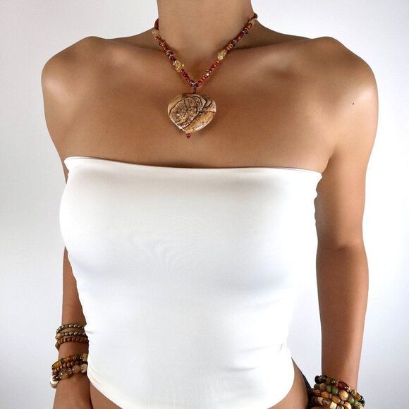 Vintage Y2K Stone Heart Beaded Necklace - Beachy Bohemian Fairycore Jewelry - Picture 1 of 5